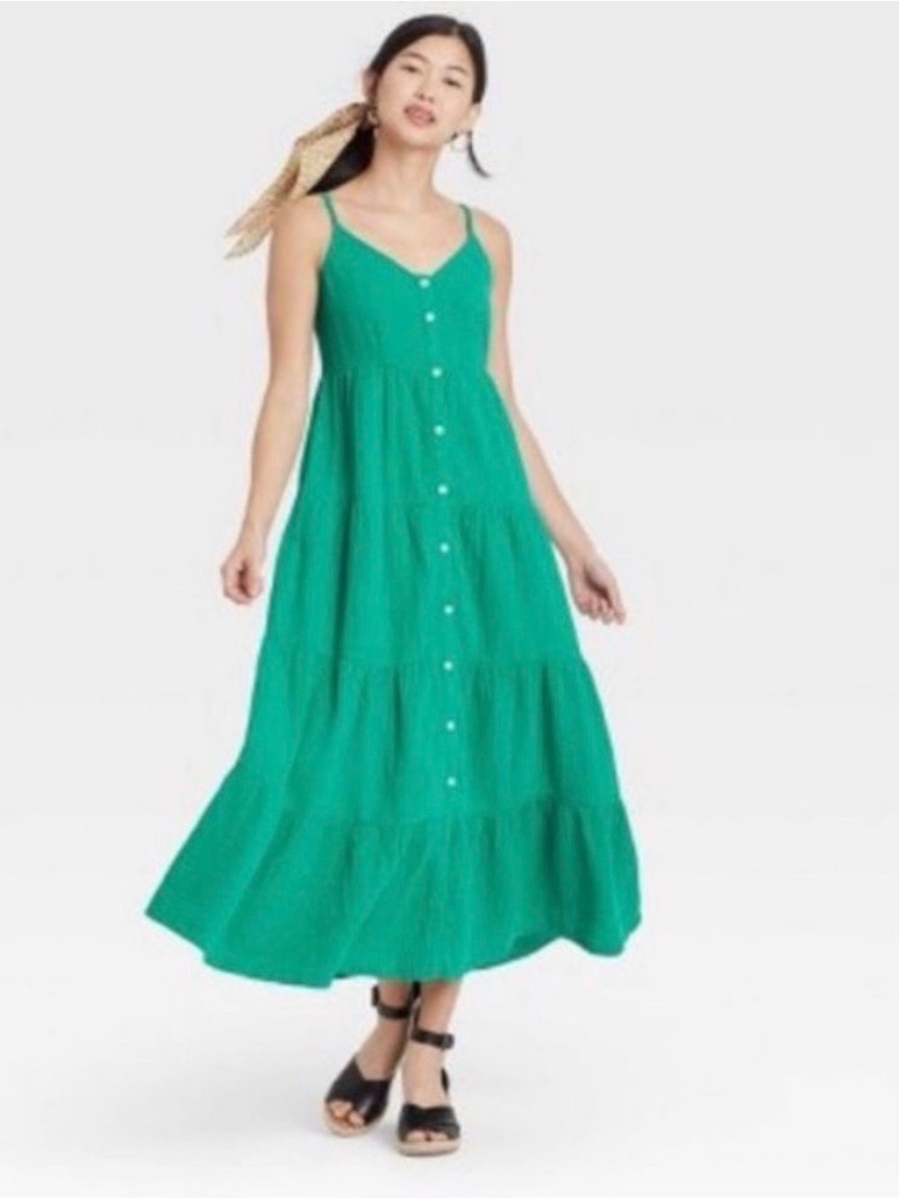 Universal Thread Gauzy Cotton Tiered Button-Front Green Maxi Dress Size Small